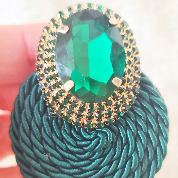 Big Rhinestone and Cord Earrings, Green/Emerald colour - Picture 3 of 7